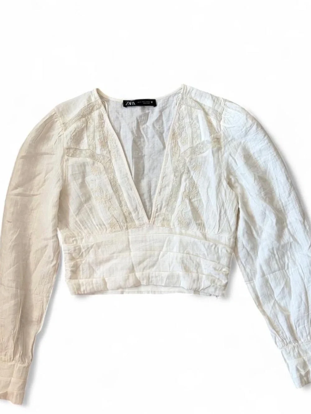 Zara Cream V-Neck Cropped Blouse with Lace Embroidered Trim